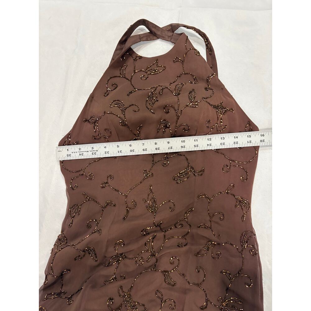 Cassandra Stone Brown 100% Silk Floral Beaded Halter Formal Prom Dress Womens 8 - Picture 6 of 11